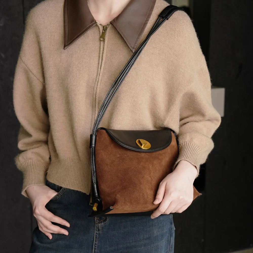 Genuine Leather Women's Crossbody Shoulder Bag Vegetable-Tanned Leather Spliced with Suede Fashion Versatile Handbag for Ladies Vue