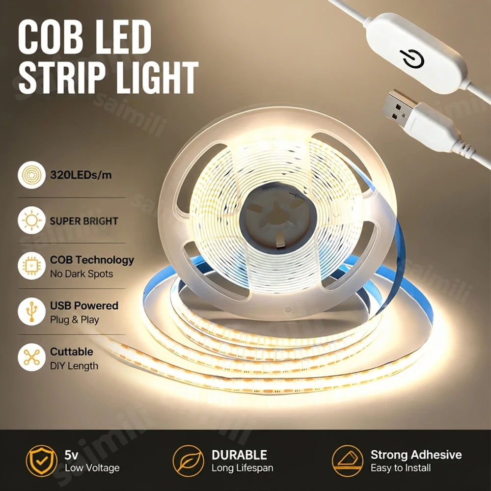 5V USB COB LED Strip Touch Dimmer High Density Dotless Flexible Linear Tape Self Adhesive Light For Mirror Cabinet DIY Decor Vue