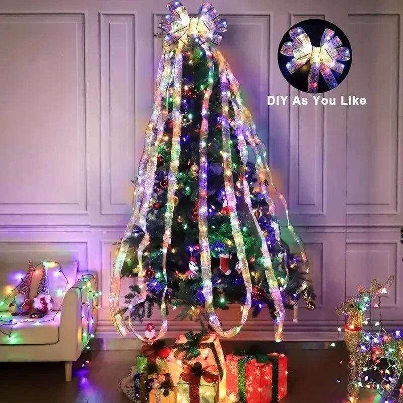 1-10M Christmas Ribbon Fairy Light Decoration For Home 2025 DIY Bows String Light Tree Ornaments Xmas Decor New Year 2026 Vue