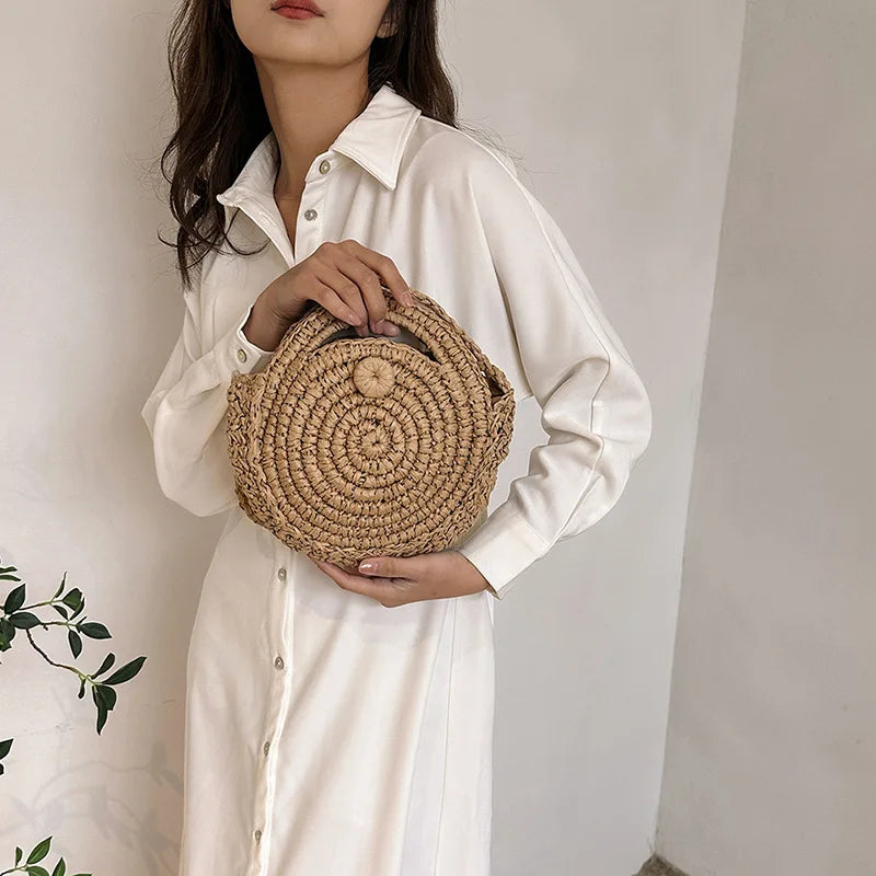 Nice Round Straw Crossbody Bag Handmade Woven Shoulder Women Summer