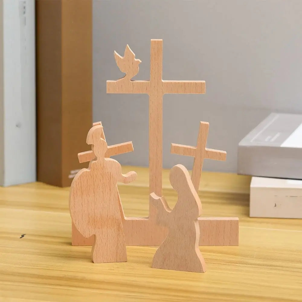 Solid Wood Jesus Resurrection Scene Ornaments with Cross Handmade Easter Empty Tomb Scene Set Simple Style Vue
