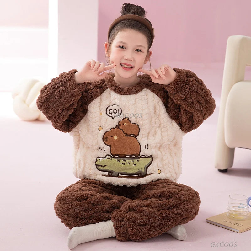 Winter Capybara Kids Boys Pajamas Sets Pyjamas Girls Sleepwear Flannel Fleece Teenage Clothes Children Home Clothes Loungewear Vue