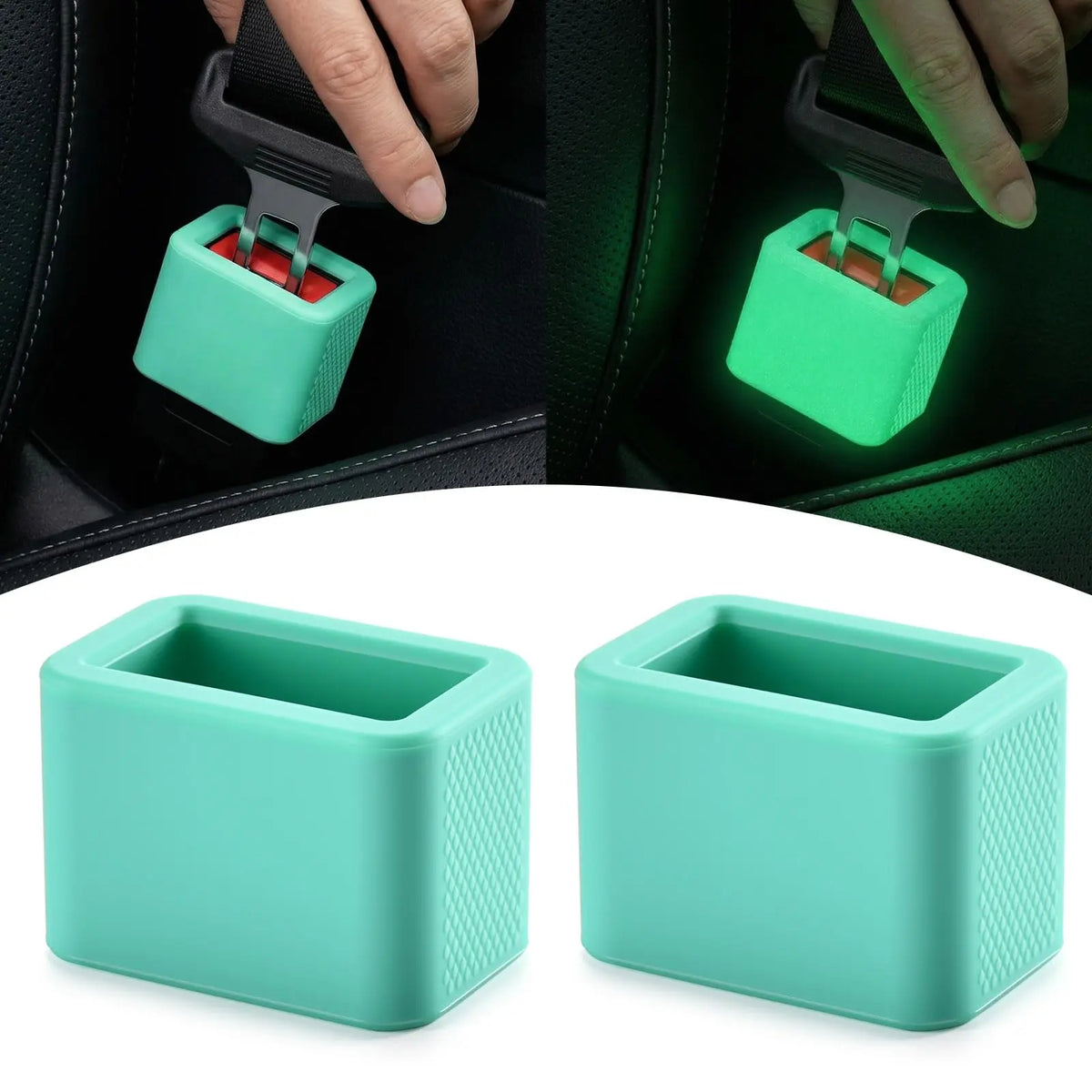 2Pcs Glow-in-the-Dark Seat Belt Buckle Holder, Silicone Rear Booster - Makes Receptacle Upright for Quick Access, Universal Fit Vue Green