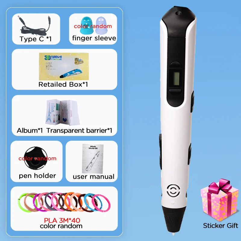 New 3D Printing Pen LCD Display Screen 1.75mm ABS / PLA Filament Kids DIY Drawing Pen Boy and Girls Christmas Birthday Gifts Vue white-120M PLA