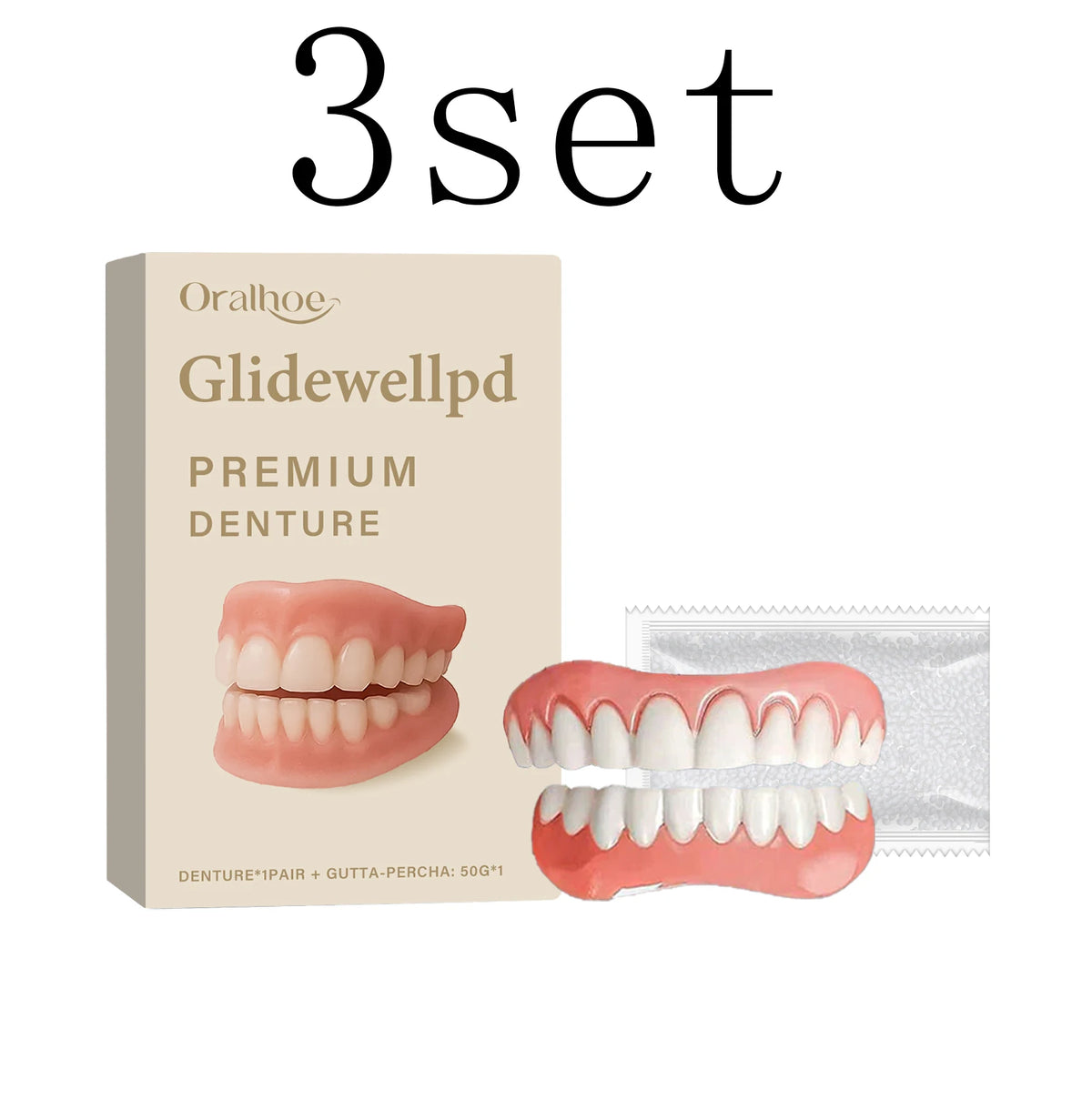 Over Gums Soft Silicone Dentures Full Set - enhances dental aesthetics, improves smile, denture care set Vue 3set boxed