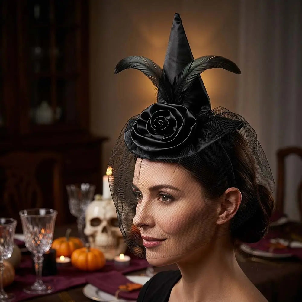 Simple Folds Halloween Witch Hat Satins Feather Design Retro Veil Witch Hat Black Cosplay Photo Props Wizard Cap Parties Vue