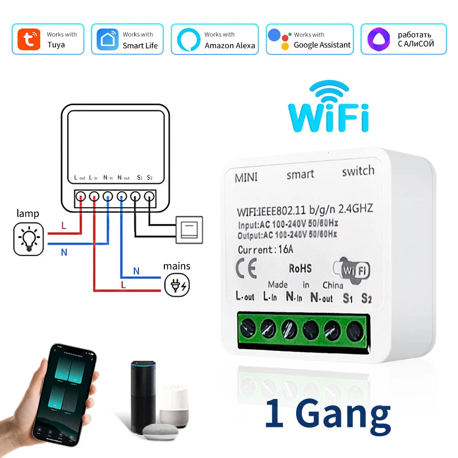 1/2 Channels Wifi Smart Switch Tuya Smart Life Light Switch Module Remote Relay Breaker for Alexa Google Yandex 100-240V 16A Vue 1 Gang Wifi 100-240V 1 Piece