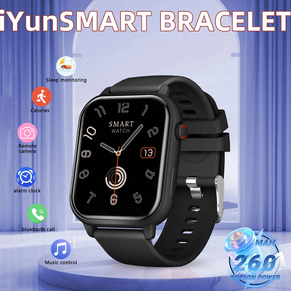 New Fashion Smartwatch with 1.83 inch Screen Wireless Call Music Player Message Push Flashlight Smart Voice for Men Women Gift Vue Black