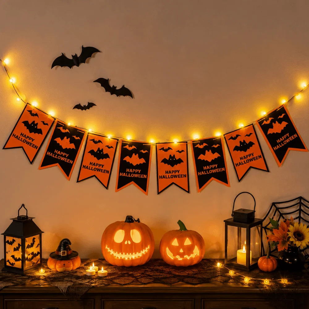 Creative Halloween Hanging Banner Halloween Flag Double-Layer Halloween Light-Up Banner Reusable DIY Party Banner String Light Vue