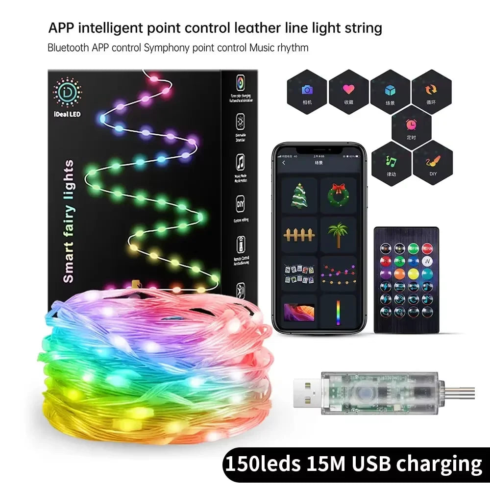 Smart Fairy String Lights LED Garland RGB Lights DIY Color Change Music Sync Timer App Control for Christmas Tree Decoration Vue 15M USB