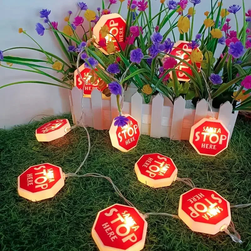 Christmas Stop Sign Shaped Indoor String Lights 'Santa Stop Here' Letters Printed LED Hanging Pendants Lights Home Indoor Decor Vue
