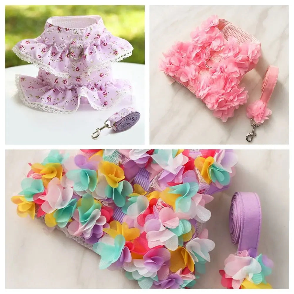 Kawaii Dog Harness Leash Set Adjustable Floral Design Pet Vest Style Harness With Leash Lace Dress Pet Chest Strap Training Use Vue