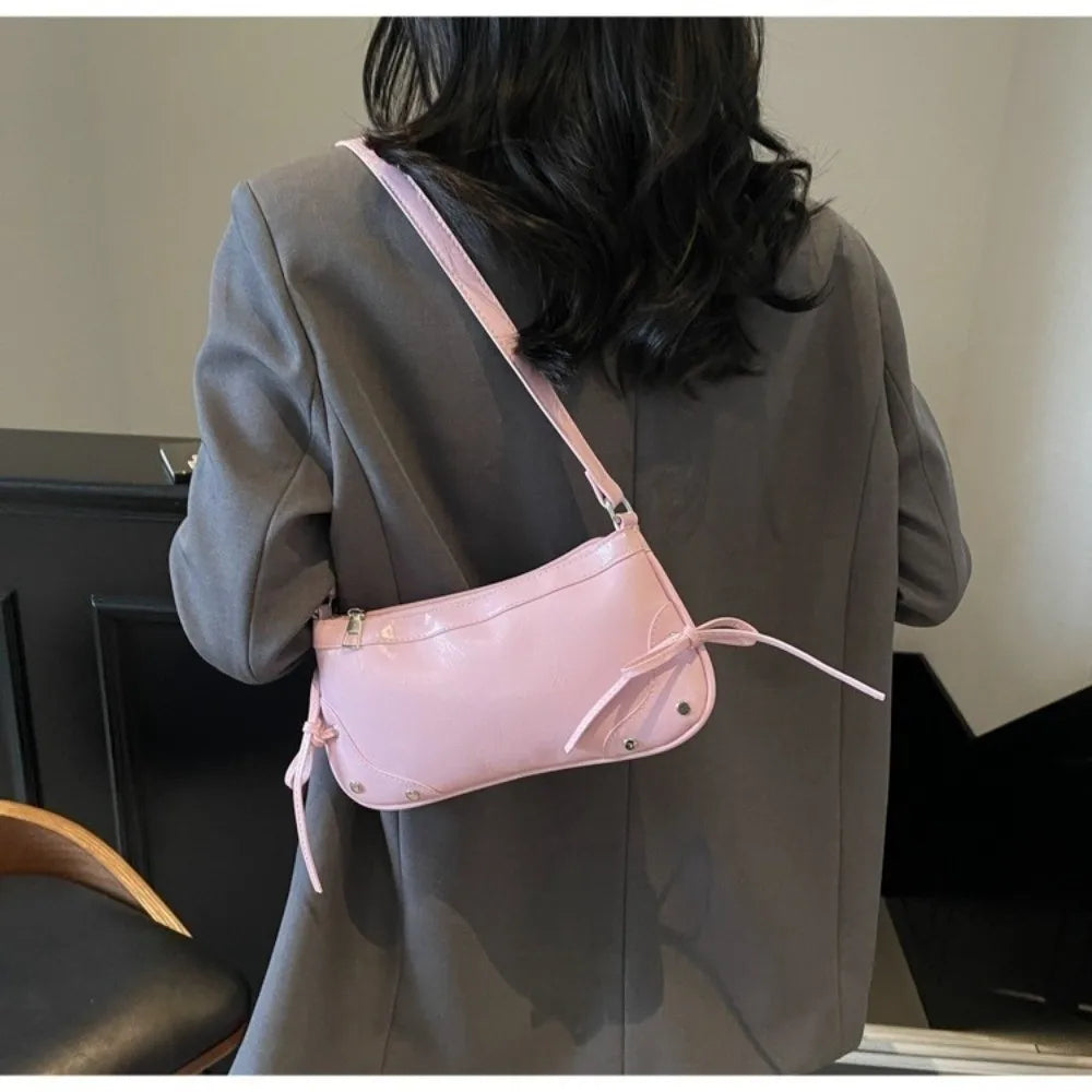 PU Leather Shoulder Bag Solid Bow Tie Decor Armpit Y2K Handbag Women