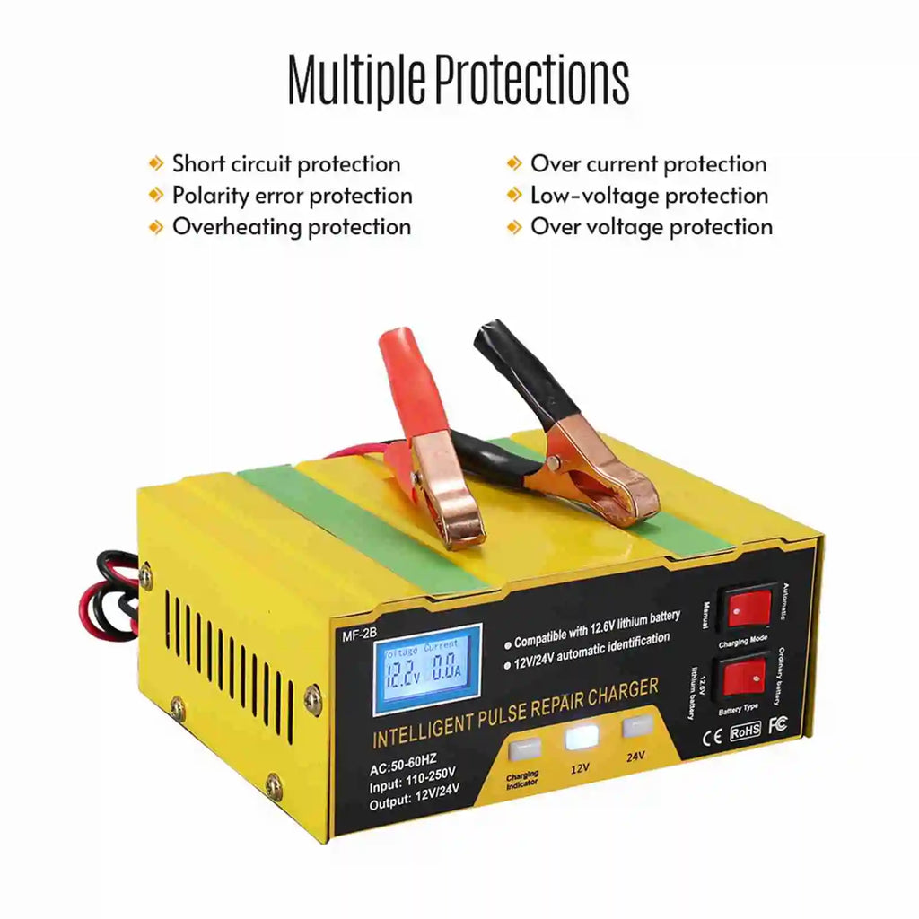 12V/24V Battery Charger Intelligent Pulse Repair Type Charger with Digital Display for Car Cell Motorcycle Battery US Plug Vue