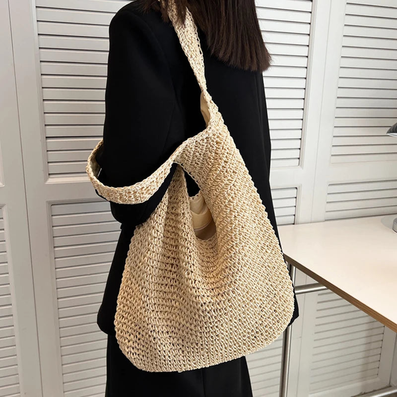 Women Large Capacity Shoulder Bags Handmade Straw Woven Fashion Vue beige