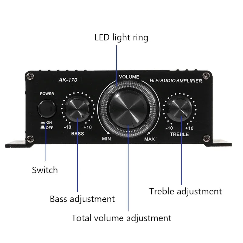 AK170 Mini Digital Power Audio Car Amplifier Blue Light Stereo Audio Amplifier for Home Theater Club Party Music 200Wx2 Power Vue