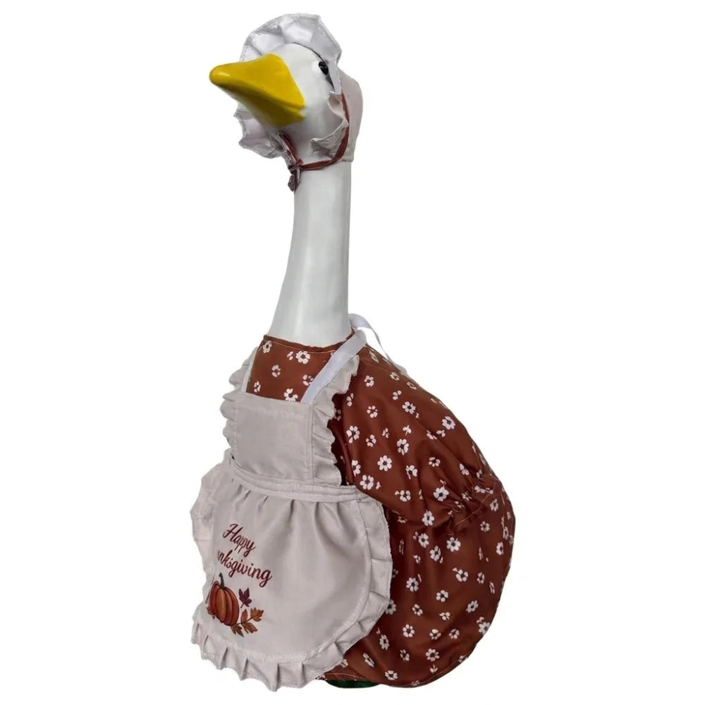 Pumpkin Print Thanksgiving Porch Goose Dress Outfit Maple Leaf Ruffled Hat Goose Hat Dress Set Harvest Theme Rustic Vue Brown