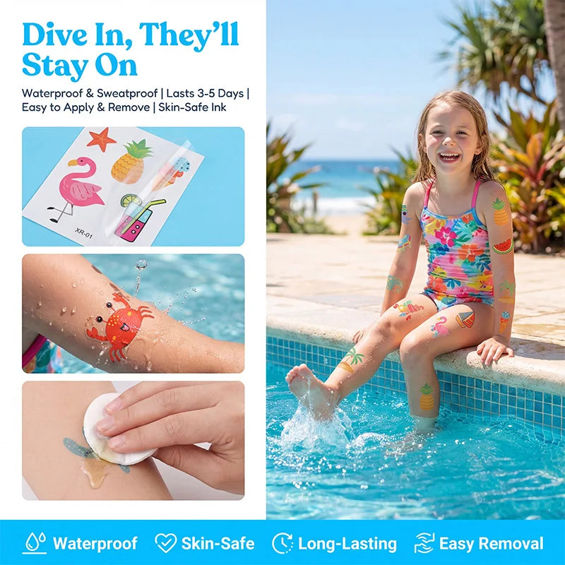 10 pieces of temporary summer party tattoo stickers, featuring Hawaiian tropical cartoon style, made of paper, suitable for deco Vue