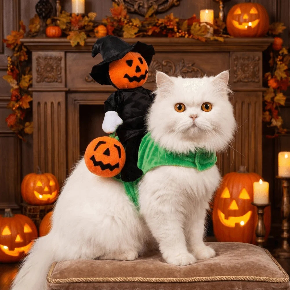Standing Style Halloween Pet Pumpkin Riding Costume Ghost Face Pumpkin Adjustable Straps Dog Transformation Costume Breathable Vue