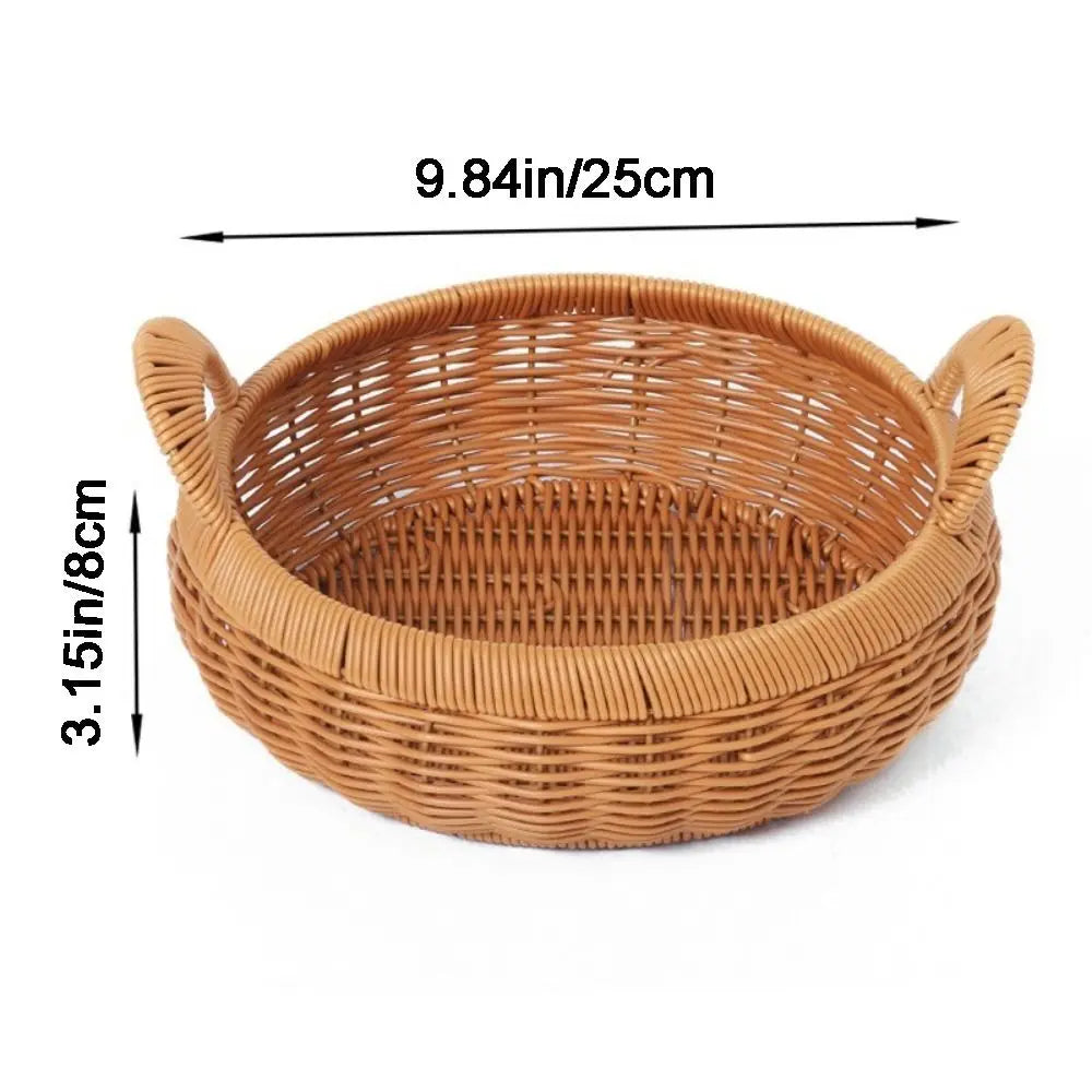 Large Capacity Imitation Rattan Storage Basket Plastic Decorative Round Rattan Storage Tray Handmade with Handle Vue