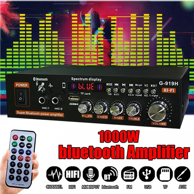 G919H 1000W Home Car Power Amplifiers 2 Channel Bluetooth Surround Sound FM USB Remote Control Mini HIFI Digital Stereo Amp Vue