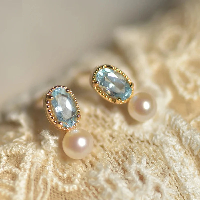 Huitan Sky Blue CZ & Pearl Stud Earrings for Women Pearl CZ Stud Earrings Vue