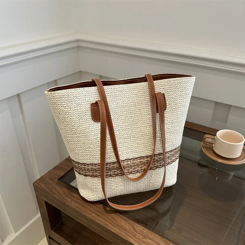 Women's Large Capacity Shoulder Bag Summer Straw Woven Basket Handbag Vue beige