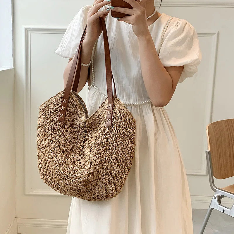 Summer Bucket Straw Bags Women Rattan Shoulder Bag Handmade Woven