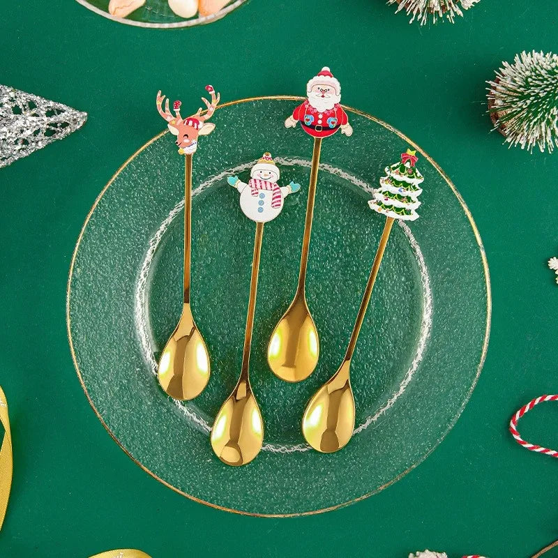 1-10PC Christmas Stainless Steel Cutlery Coffee Stirring Spoon Santa Claus Dessert Spoon Kitchen Utensils Holiday Gift Tableware Vue