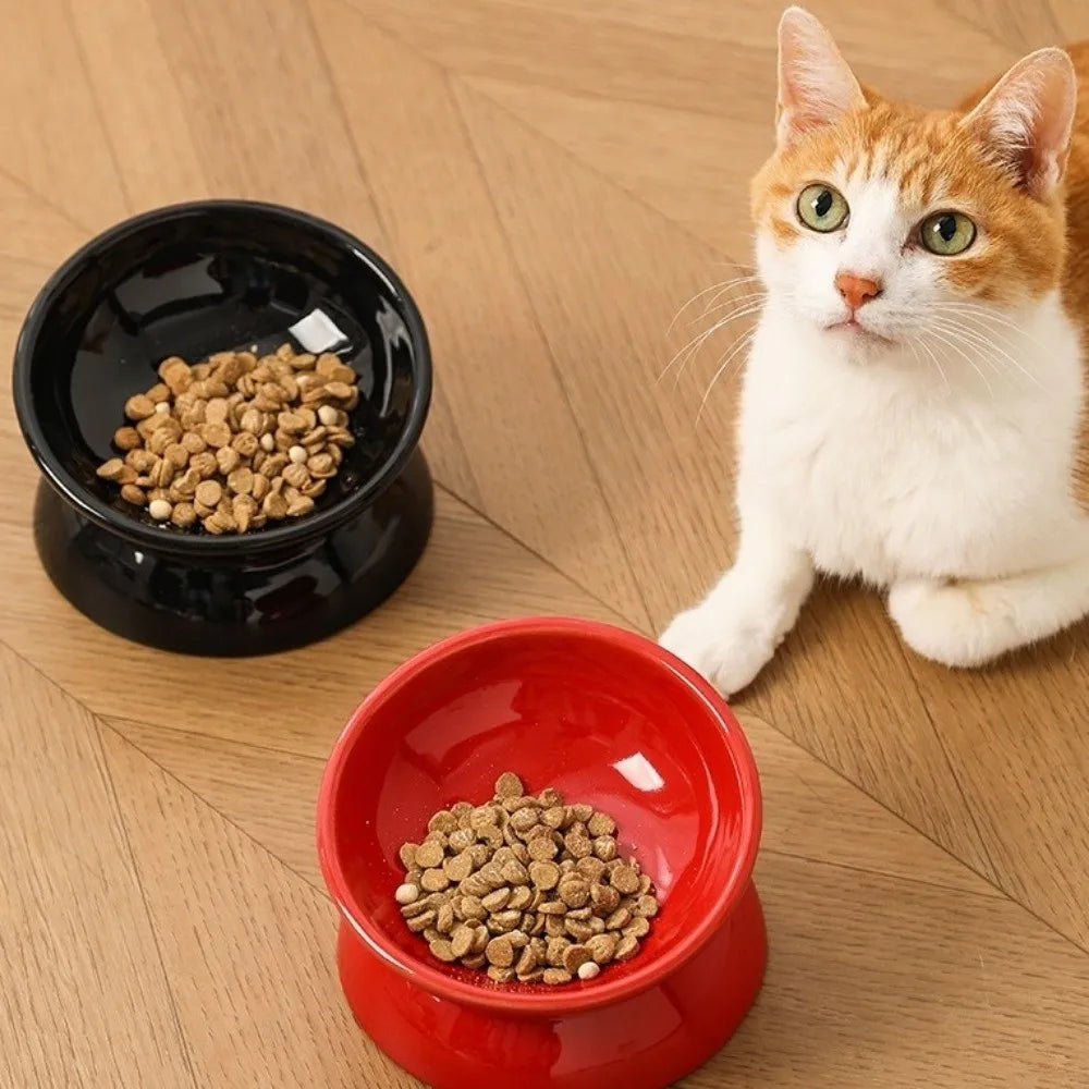 Large Diameter Ceramic Elevated Cat Bowl Anti Overturning Flat Bottomed Cat Food Water Bowl Non-slip Tilted Angle Pet Food Dish Vue