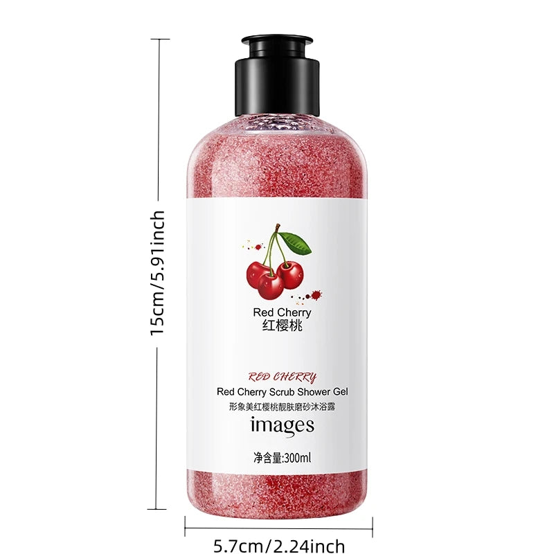 300ml Red Cherry Beauty Scrub Shower Gel, Rich in Cherry Fruit Extract and Other Ingredients, with a Fresh Fruit Aroma, Long-Lasting Fragrance, and Fine Scrub Particles That Effectively Deeply Cleanse the Skin, Leaving It Fee Vue