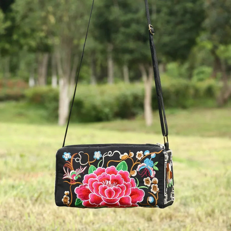 Women's Embroidered Flowers Canvas Shoulder Crossbody Bag Ladies