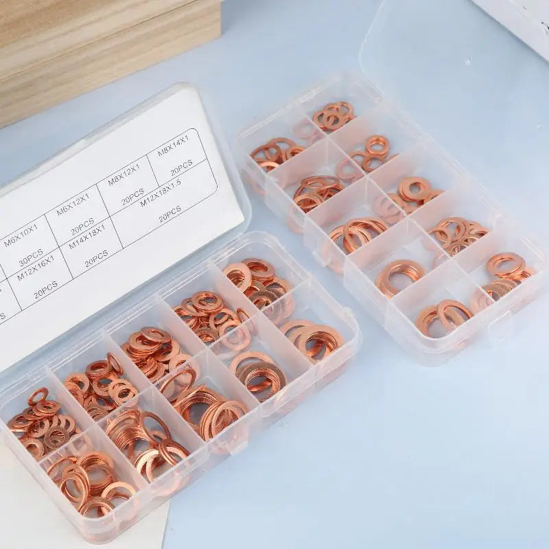 100/200Pcs Of Copper Washers Nuts And Bolts With Box M4/M5/M6/M8/M10/M12/M14 Seal Combination Kit For Oil Pan Plugs Vue
