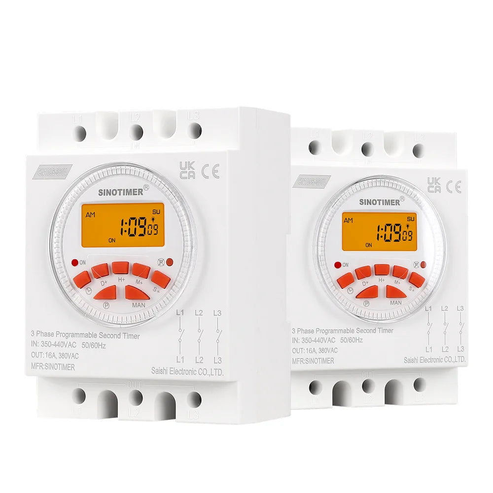 CN109S-380V Backlights Big LCD Display Three Phases 7 Days Programmable Timer Switch with 1 Second Interval Time Controller Vue