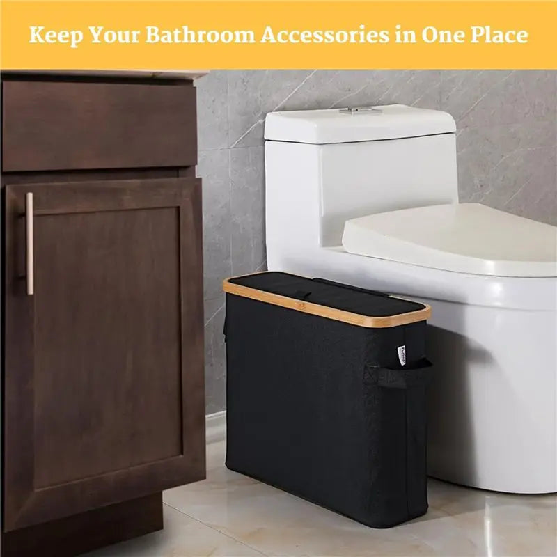 ABKW-2X Bamboo Toilet Paper Storage Toilet Paper Stand With Bamboo Lid For Restroom Closet Bathroom Black Vue