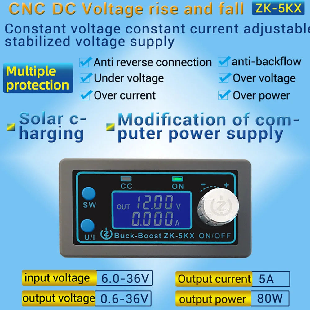 ZK-5KX DC-DC Buck-Boost Converter 0.6-36V 5A 80W CC CV Power Module with LCD Display Vue Default Title