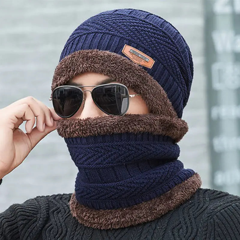 Warm Plush Winter Hat for Women Thick Hood Ear Protection Scarf and Mask Integrated Design Windproof for Riding Outdoor Travel Vue Navy Blue
