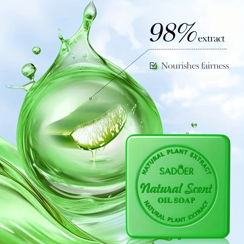 100g Sadoer Aloe Vera Essential Oil Soap, Gentle Cleansing, Moisturizing and Nourishing, Rich in Aloe Vera Essence, Quickly Removes Dirt and Oil, Leaving Skin Delicate and Smooth, Cleansing Face and Body Soap Vue