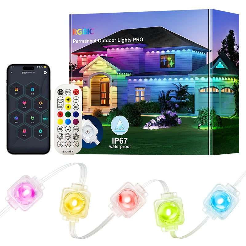 RGB LED Eaves Lights, Permanent Waterproof Outdoor Lights with Remote Control for Roofline Holiday Decor Vue 15m 30LED 100V-127V US Plug