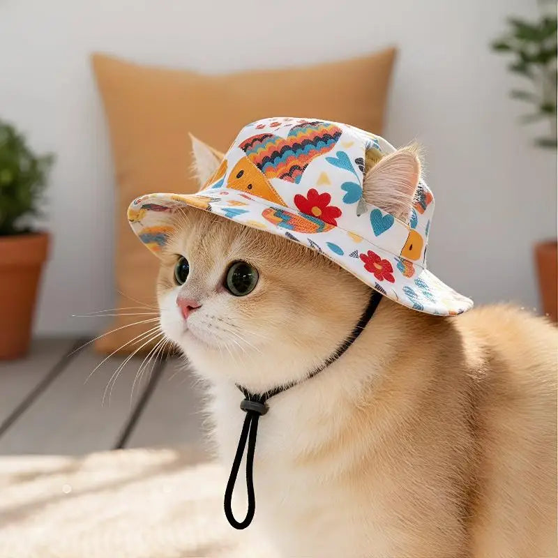 Summer Pet Cat Sun Hat Ear Holes Cute Kitten Fisherman Cap UV