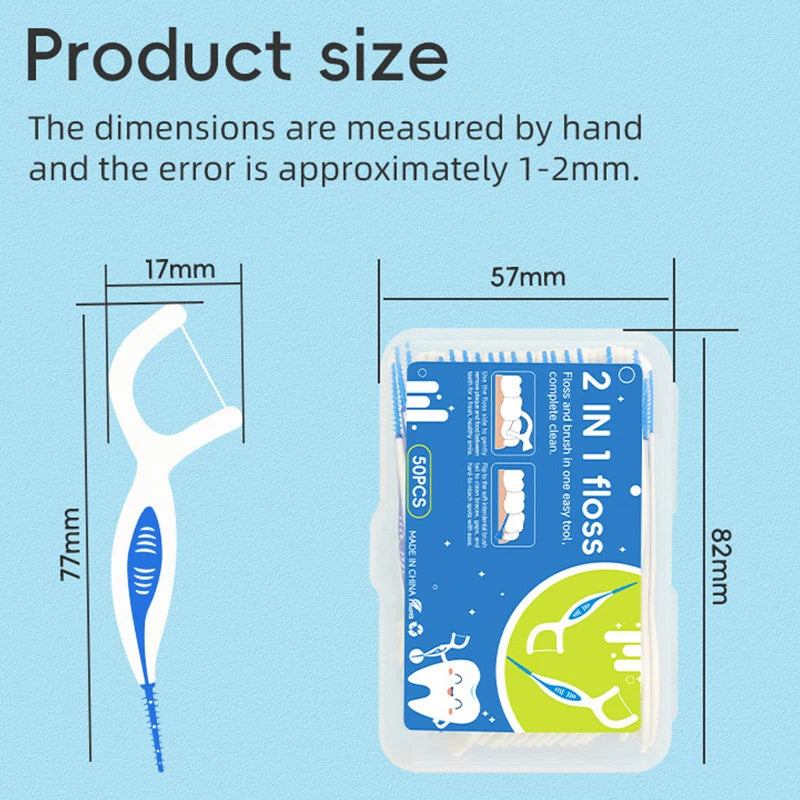 2-In-1 Multifunctional Dental Floss Stick High Elasticity Dental Floss Comfortable Soft Silicone Interdental Brush Oral Care Vue 50 pcs