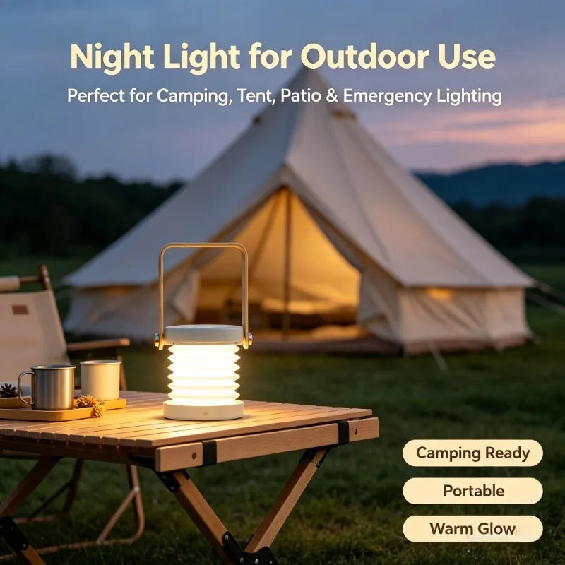 Portable Folding Night Lamp, Creative Wooden Handle LED Lantern, Telescopic Table Light USB Charging Reading Lamp for Home Decor Vue