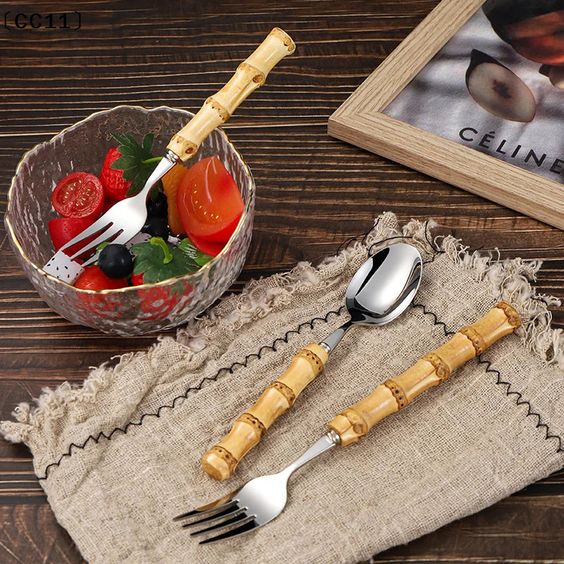 Long Handle Serving Spoon Fork Stainless Steel Gold Silver Bamboo