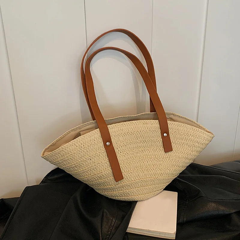 Women Braided Basket Top-handle Bag Large Capacity Straw Portable