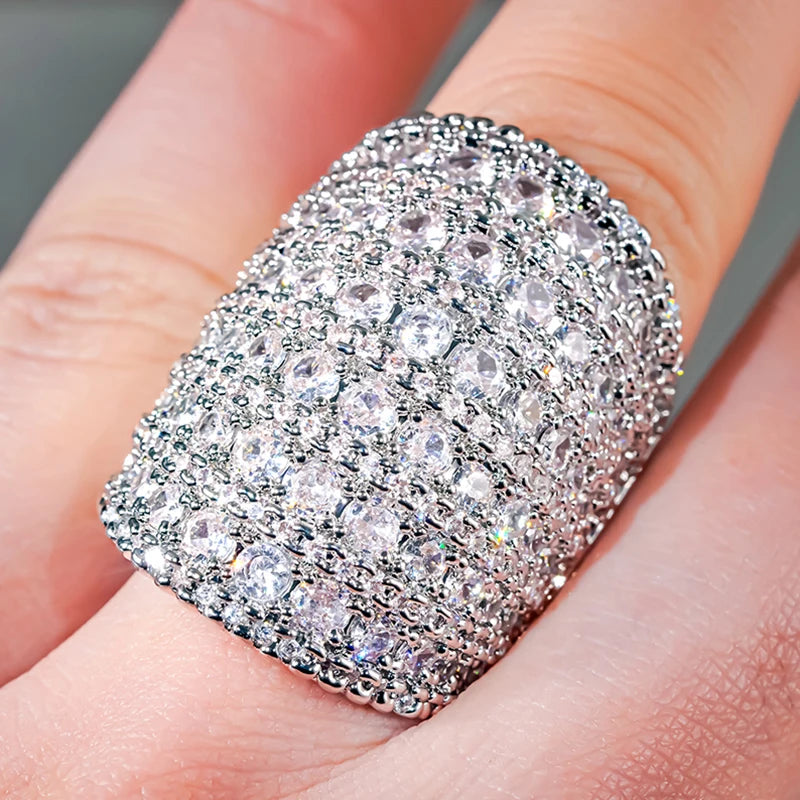 Huitan Wide CZ Ring for Women | Silver-Tone Wedding Band Fashion Ring Vue DJ164 8