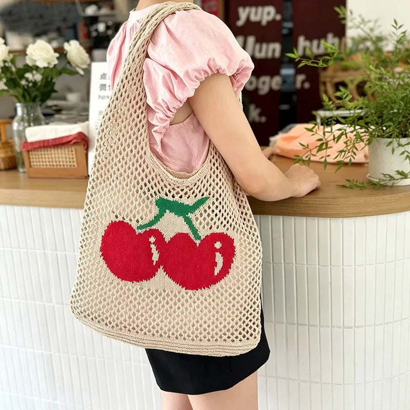 Summer Hollow Out Shoulder Bag Cherry Desing Knit Hand Woven