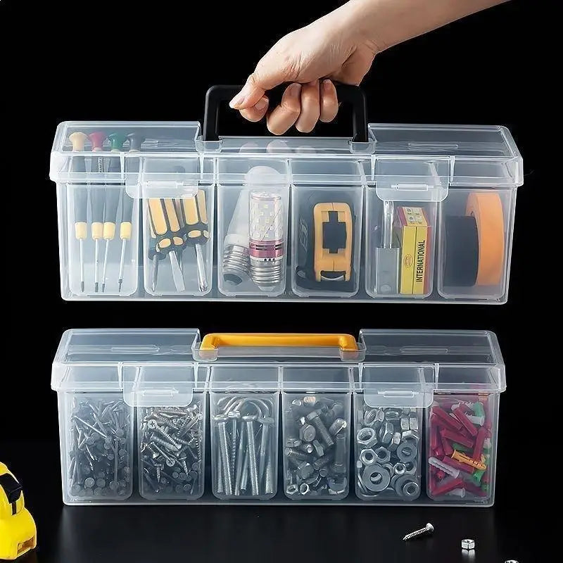 Multi Compartment Transparent Hardware Tool Storage Box Portable Plastic Organizer Case for Office DIY Workshop Vue