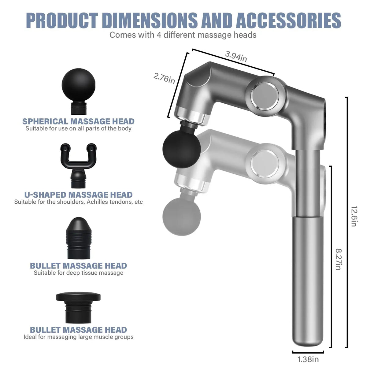 Foldable Deep Tissue Massage Gun 6 Speed Amplitude 4 Heads Type-C Portable Muscle Massager for Body Relax Workout Recovery Vue