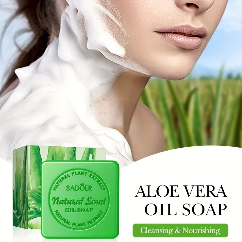 100g Sadoer Aloe Vera Essential Oil Soap, Gentle Cleansing, Moisturizing and Nourishing, Rich in Aloe Vera Essence, Quickly Removes Dirt and Oil, Leaving Skin Delicate and Smooth, Cleansing Face and Body Soap Vue