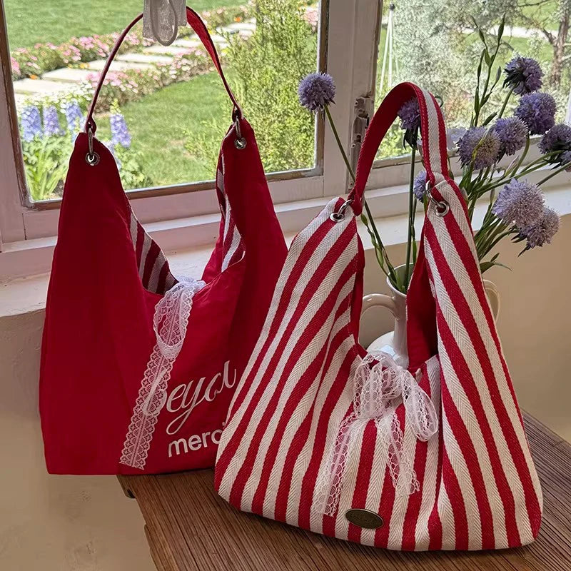Stripe Hobo Bag Women Lace Bow Decor Canvas Tote Reversible Shoulder